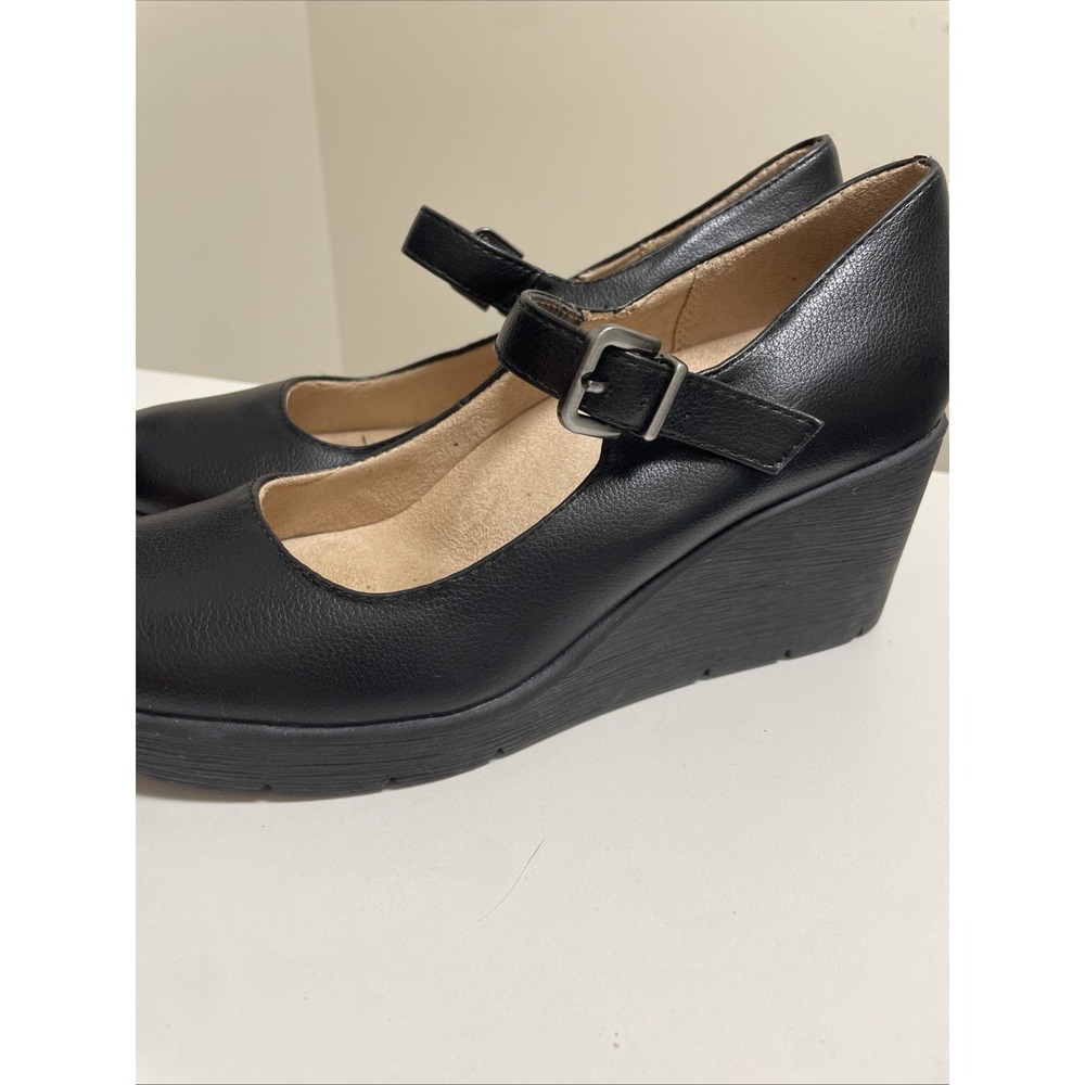 Naturalizer Soul Black Leather Platform Mary Jane Wedge Heels Size 8 - Picture 3 of 10